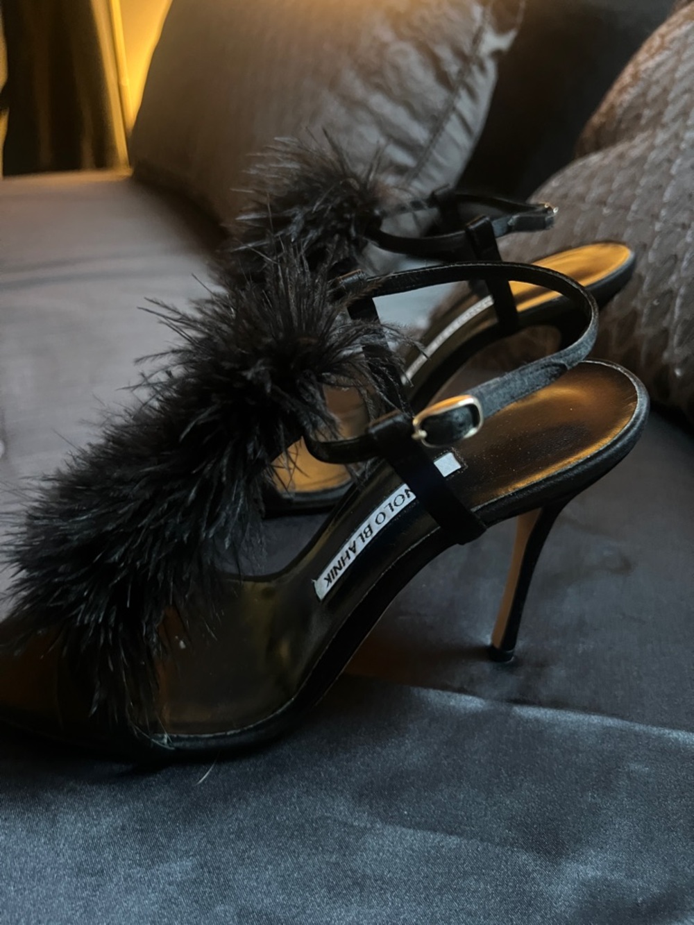 Manolo Blahnik Black Ostrich Feather Ankle-Strap Slide heels